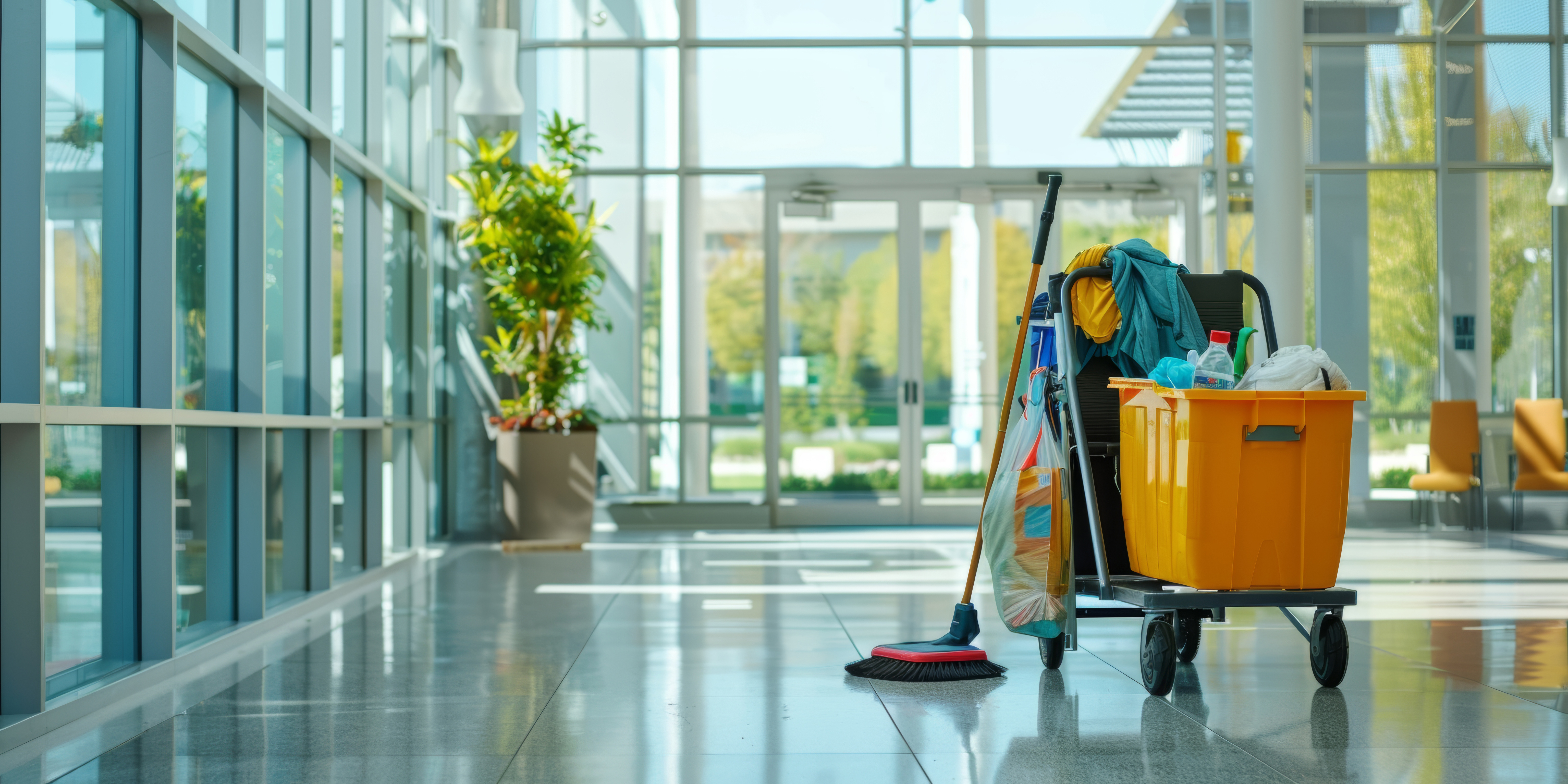 Cleaning cart with supplies and mop in modern building hallway with large windows