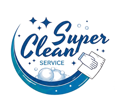 Clean Super Service logo with blue text, soap bubbles, sparkles, and cleaning brush icon