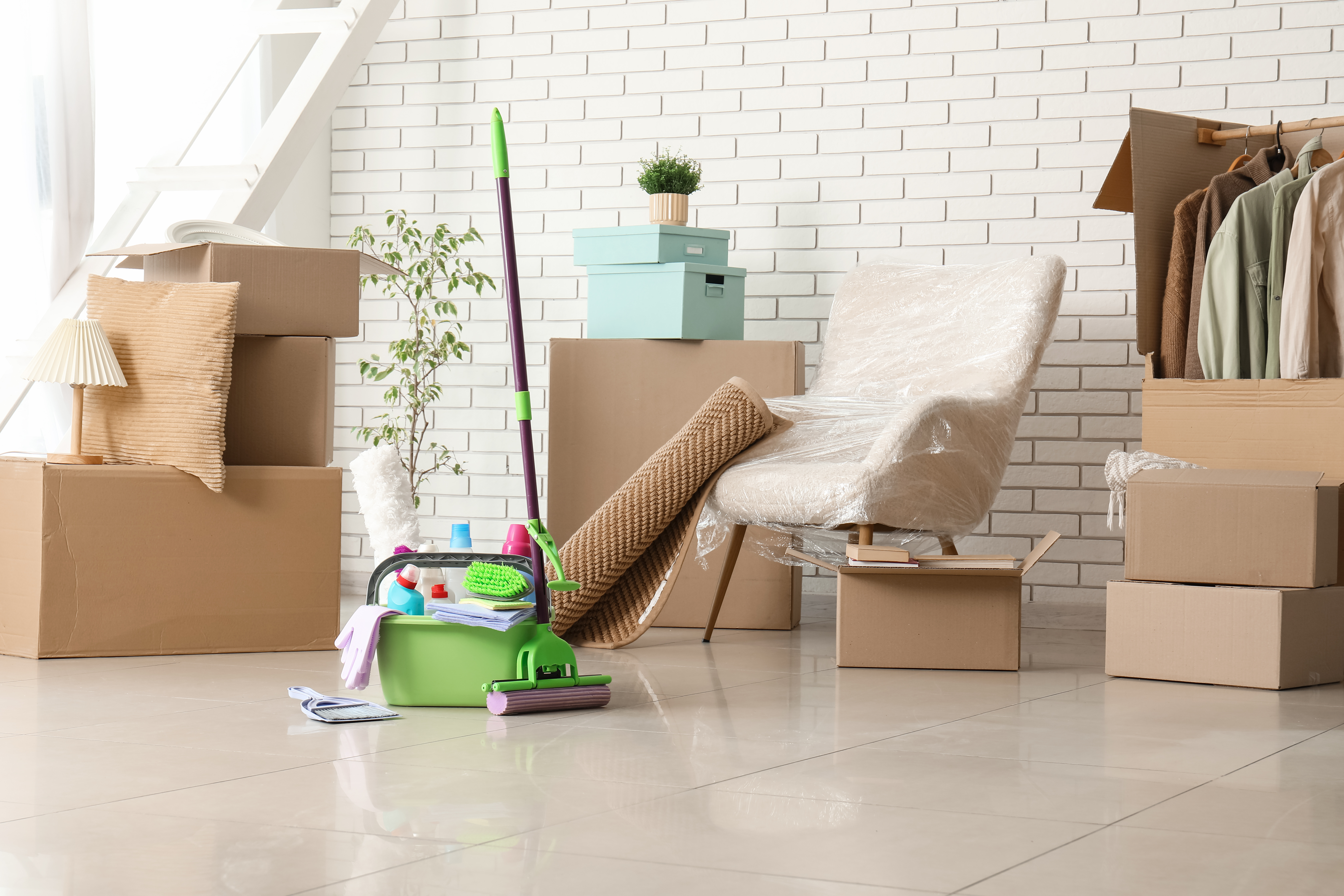 Moving day scene with cardboard boxes, cleaning supplies, furniture, and clothing in attic room